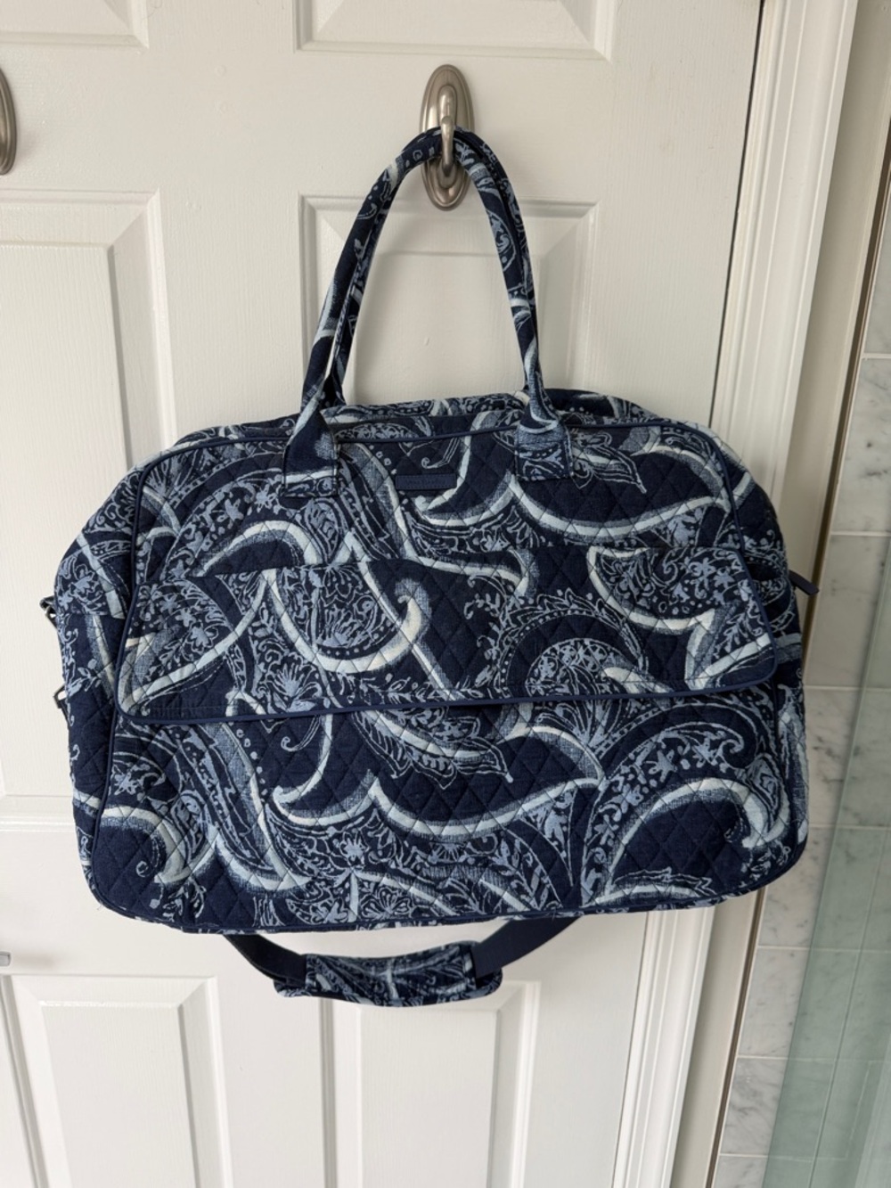 Quilted Paisley Travel Tote Bag in Navy Blue